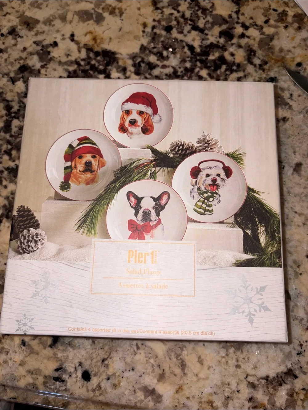 New in box Pier 1 Holiday Christmas dogs set of 4 salad plates.